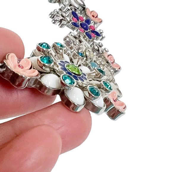 Lia Sophia 3D Flower Rhinestone Statement Bib Necklace w Blue Beads Silvertone - Picture 4 of 11